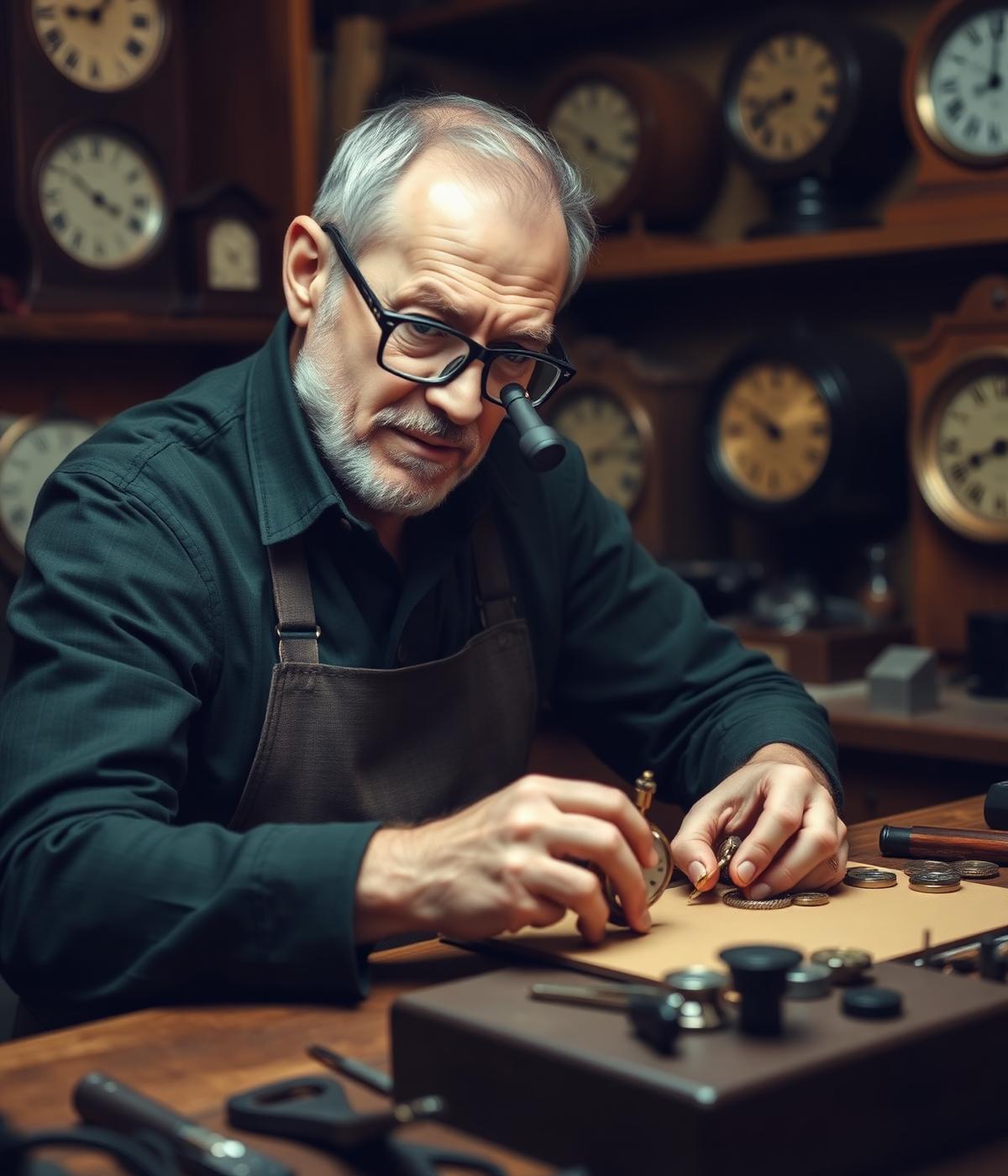 Zegarmistrz przy stanowisku pracy z lupą i mechanizmem zegarka